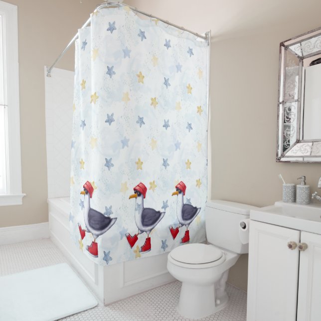 Watercolor Fun Seagull Cartoon Red Blue Kids  Shower Curtain (In Situ)