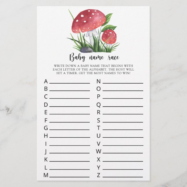 Watercolor fungi baby shower Baby name race game (Front)