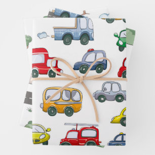 Watercolor Funny Cars Pattern Wrapping Paper Sheet