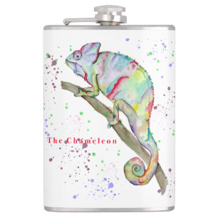 Watercolor funny chameleon hip flask