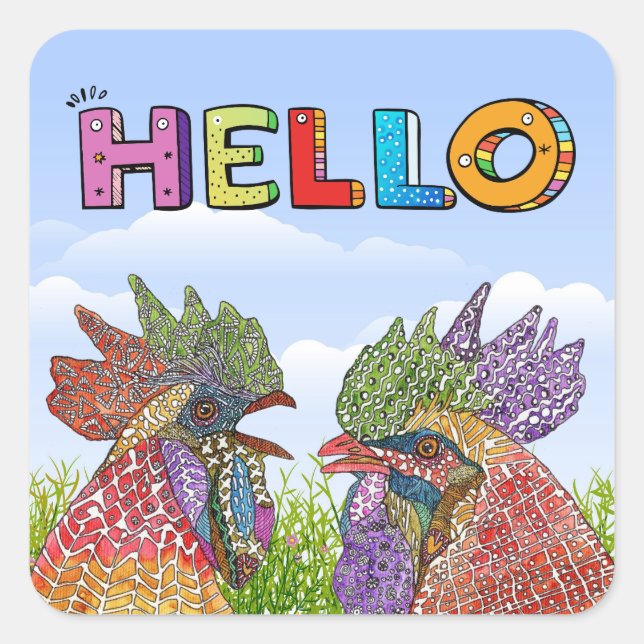 Watercolor Funny Farm Chicken Hello Square Sticker (Front)