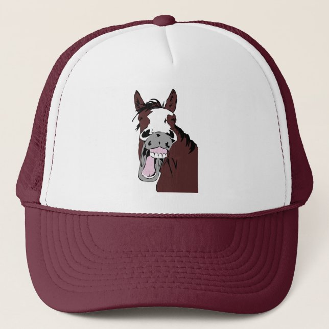 Watercolor Funny Laughing Horse Farm Animal Trucker Hat (Front)