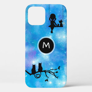 Watercolor Galaxy Cats and Girl Monogram iPhone 12 Case