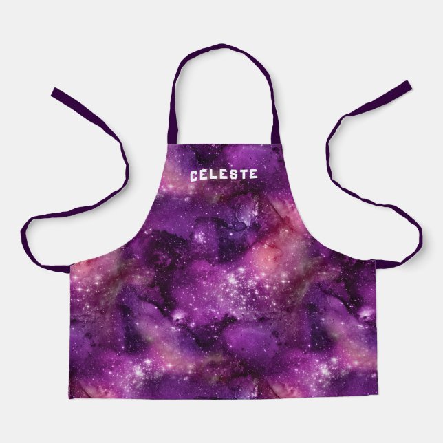 Watercolor Galaxy Nebula Name Purple Apron (Front)