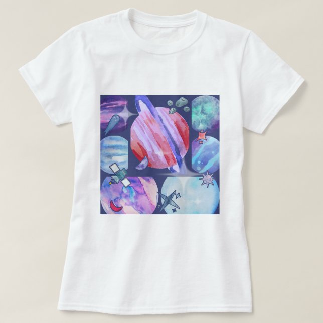 Watercolor Galaxy Patchwork T-Shirt (Design Front)