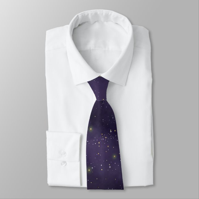 Watercolor Galaxy Universe Dark Purple Neck Tie (Tied)