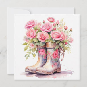 Watercolor Garden Boots with Pink Roses Card