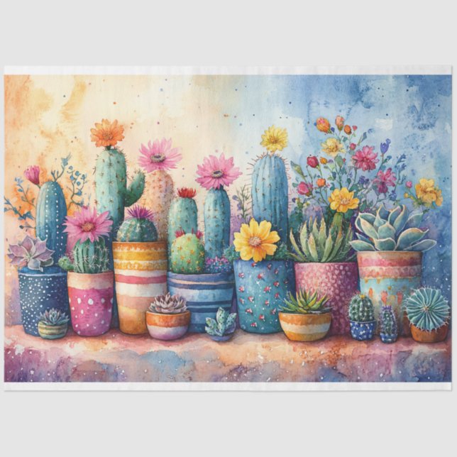 Watercolor Garden Cactus and Flowers Decoupage Tissue Paper (Front)
