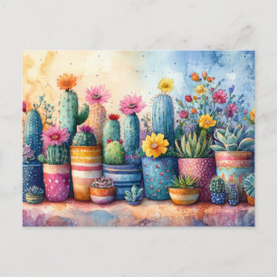Watercolor Garden Cactus and Flowers Postcard