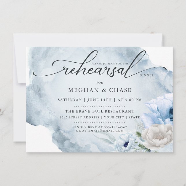 Watercolor Garden Dusty Blue Flowers Invitation (Front)
