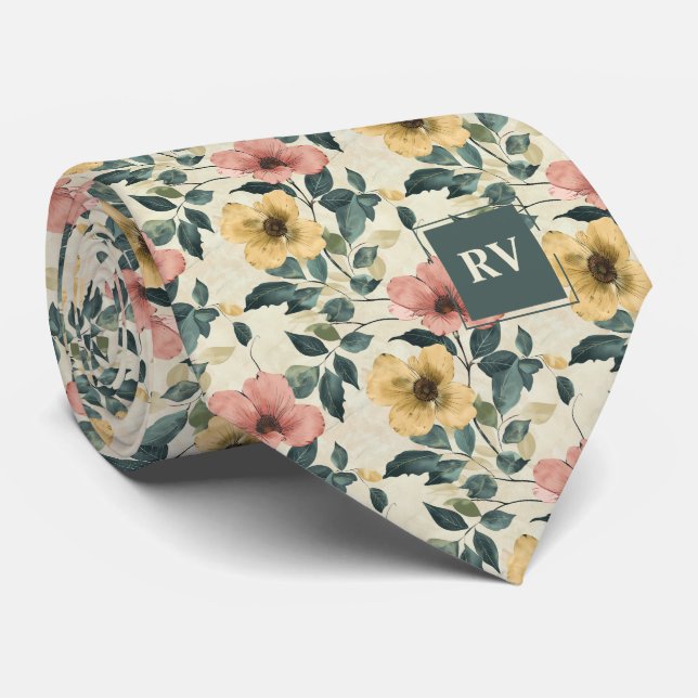 Watercolor Garden Floral Monogrammed Necktie (Rolled)