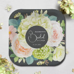Watercolor Garden Florals Bridal Shower Paper Plate<br><div class="desc">Beautiful watercolor white and green hydrangeas,  pink and cream roses,  daisies,  small blossoms and leaves on brown,  personalise these paper plates for your bridal shower,  engagement party,  wedding or any occasion with your details in chic lettering. MATCHING items in our collection.</div>
