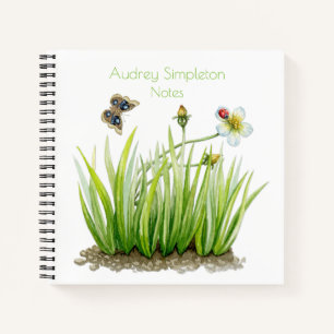 Watercolor Garden Flower Butterfly Grass Square   Notebook