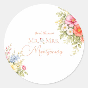Watercolor Garden Flower Envelope, Botanic Florals Classic Round Sticker