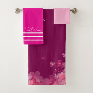 Watercolor garden flower hot pink wine name  bath towel set