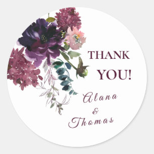 Watercolor Garden Flowers Boho Burgundy Thank You Classic Round Sticker