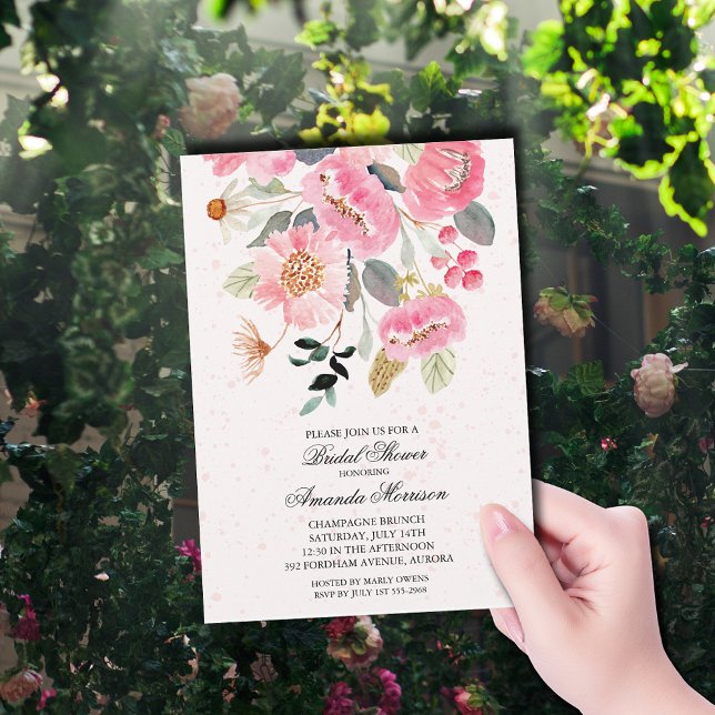 Watercolor Garden Flowers Bridal Shower Invitation (Pink garden flowers bridal shower invitations)