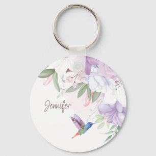 Watercolor Garden Flowers Hummingbird Bird  Key Ring