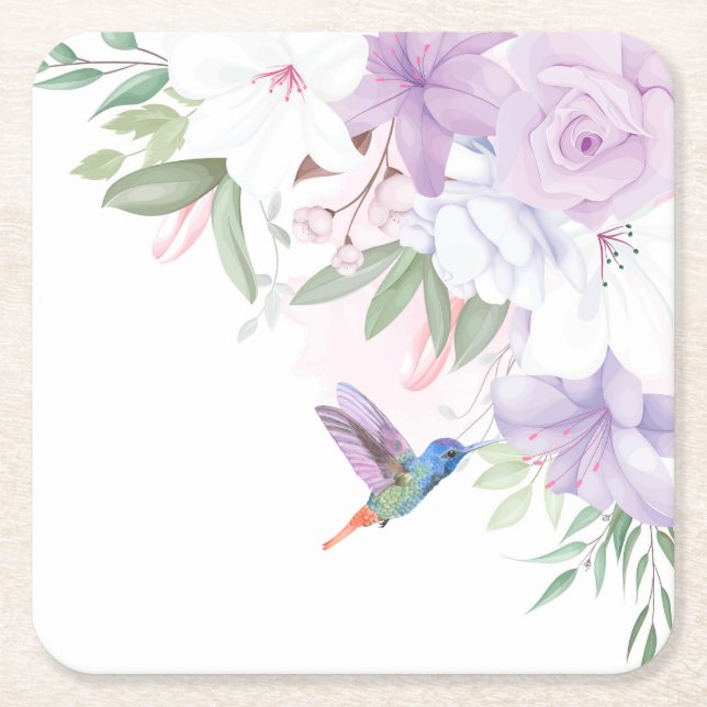 Watercolor Garden Flowers Hummingbird Bird  Square Paper Coaster (Front)