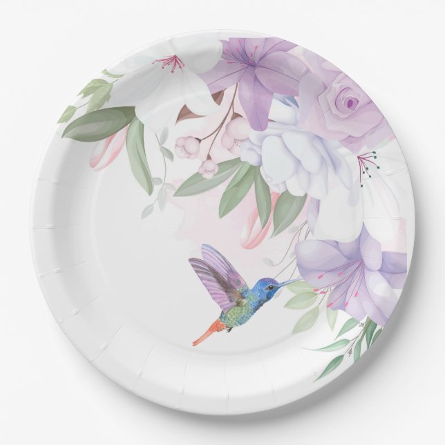 Watercolor Garden Flowers Hummingbird Bird Thanks  Paper Plate (Front)