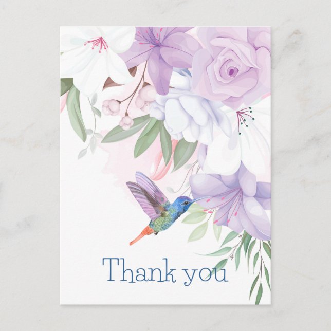 Watercolor Garden Flowers Hummingbird Bird Thanks Postcard (Front)