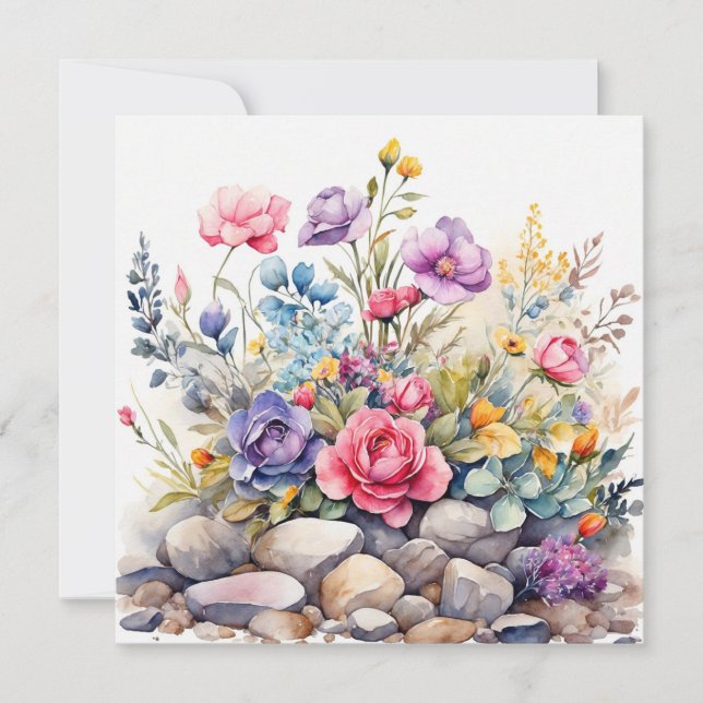 Watercolor Garden Flowers on the Rocks  Card (Front)