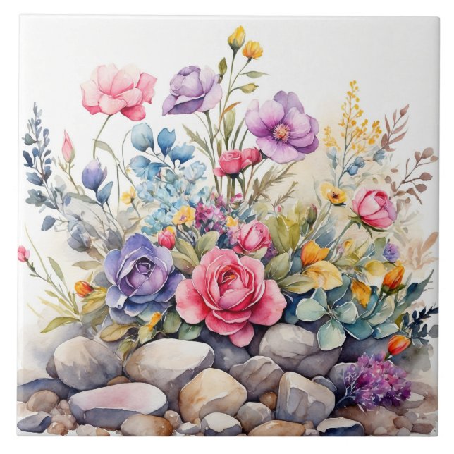 Watercolor Garden Flowers on the Rocks  Tile (Front)