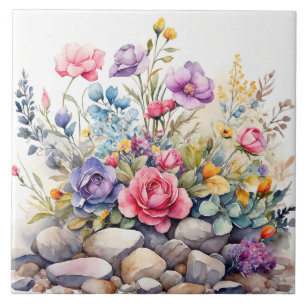 Watercolor Garden Flowers on the Rocks Tile