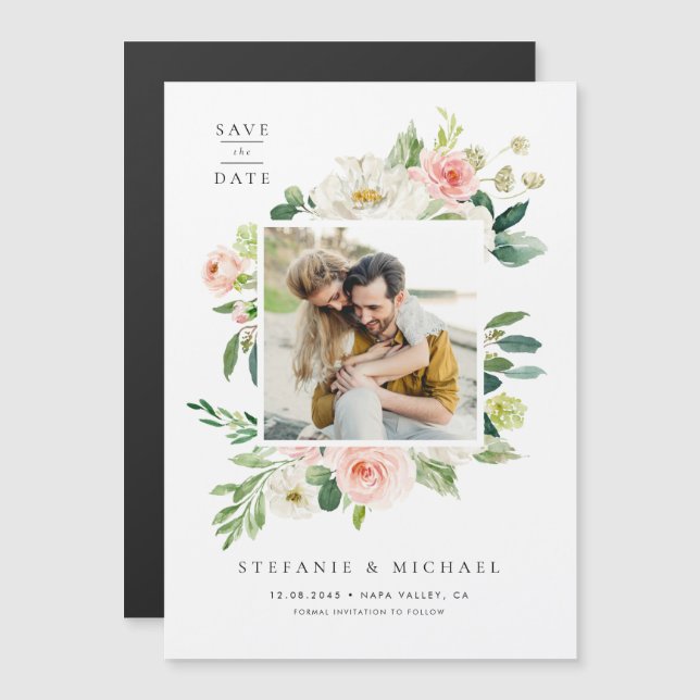 Watercolor Garden Flowers Photo Save the Date Magnetic Invitation (Front/Back)