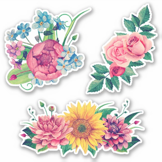 Watercolor garden flowers. Pink summer floral (Front)