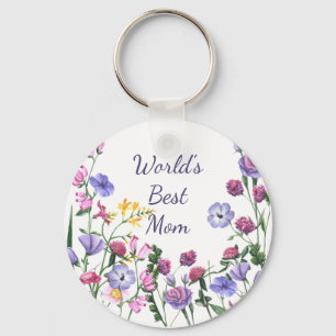 Watercolor Garden Flowers World's Best Mum Key Ring