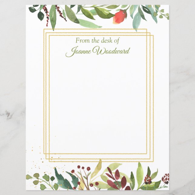 Watercolor Garden Foliage Bordered Paper Sheet (Front)