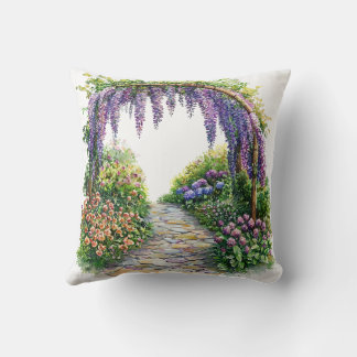 Watercolor Garden Gate Flowery Painting Cushion