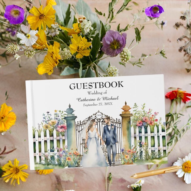 Watercolor Garden Gate Wildflowers Garden Wedding  Guest Book (Creator Uploaded)