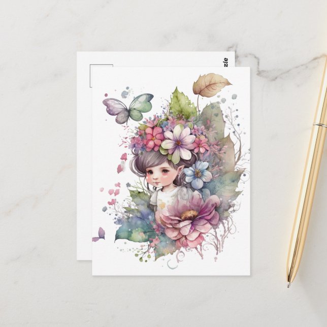 Watercolor Garden Girl - Baby Fairy Postcard (Front/Back In Situ)