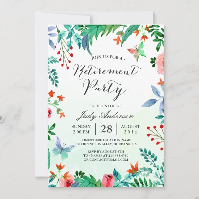 Watercolor Garden Greenery Floral Retirement Party Invitation (Front)