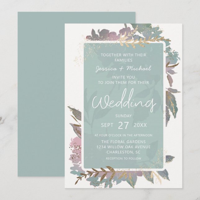 Watercolor Garden Mauve & Mint Chic Floral Wedding Invitation (Front/Back)