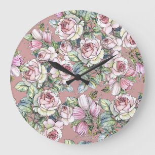 Watercolor Garden: Rose Tulip Elegance. Large Clock