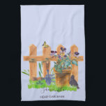 Watercolor Garden Scene Personalised Head Gardener Tea Towel<br><div class="desc">Personalised kitchen towel for garden lovers. Watercolor illustration of a peaceful country cottage garden with picket fence and plant pot of pansy flowers, a grass lawn, blackbird, butterfly and gardening tools. The name template is set up for you to add your name and head gardener or custom text (leave blank...</div>