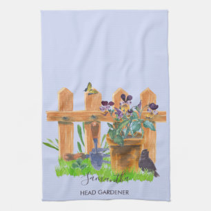 Watercolor Garden Scene Personalised Head Gardener Tea Towel