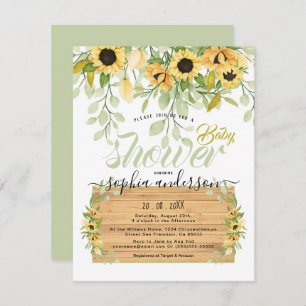 Watercolor Garden Sunflowers & Wood Baby shower Invitation