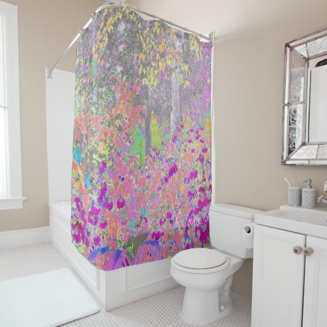 Watercolor Garden Sunrise with Purple Flowers Shower Curtain (In Situ)