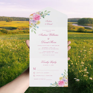 Watercolor Garden Tea Party Pink Floral Wedding All In One Invitation
