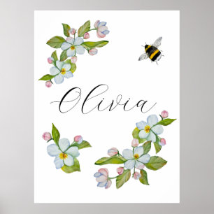 Watercolor garden tree flowers and bumblebee.  poster