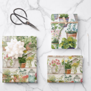 Watercolor Gardening Pattern Wrapping Paper Sheet