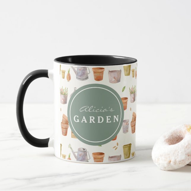 Watercolor Gardening Tool Pattern Mug (With Donut)