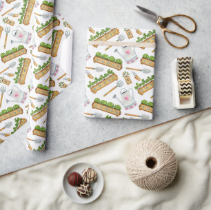 Watercolor Gardening Tools, Plants, Watering Can Wrapping Paper