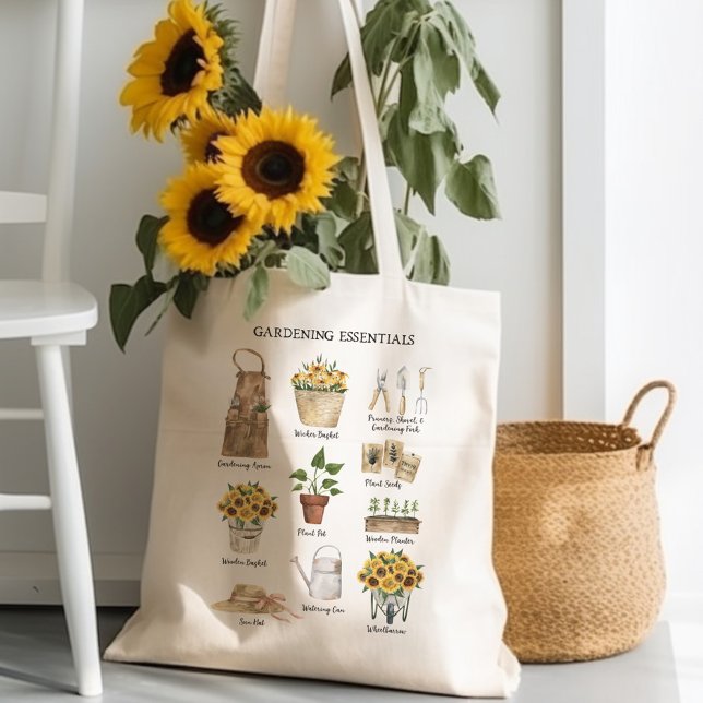 Watercolor Gardening Tools Sunflower Garden Tote Bag (In situ)