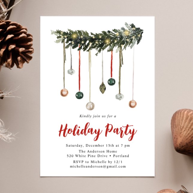Watercolor Garland and Ornaments Holiday Party Invitation (Creator Uploaded)