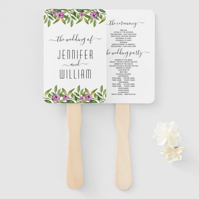 Watercolor garland cursive script wedding program hand fan (Front and Back)